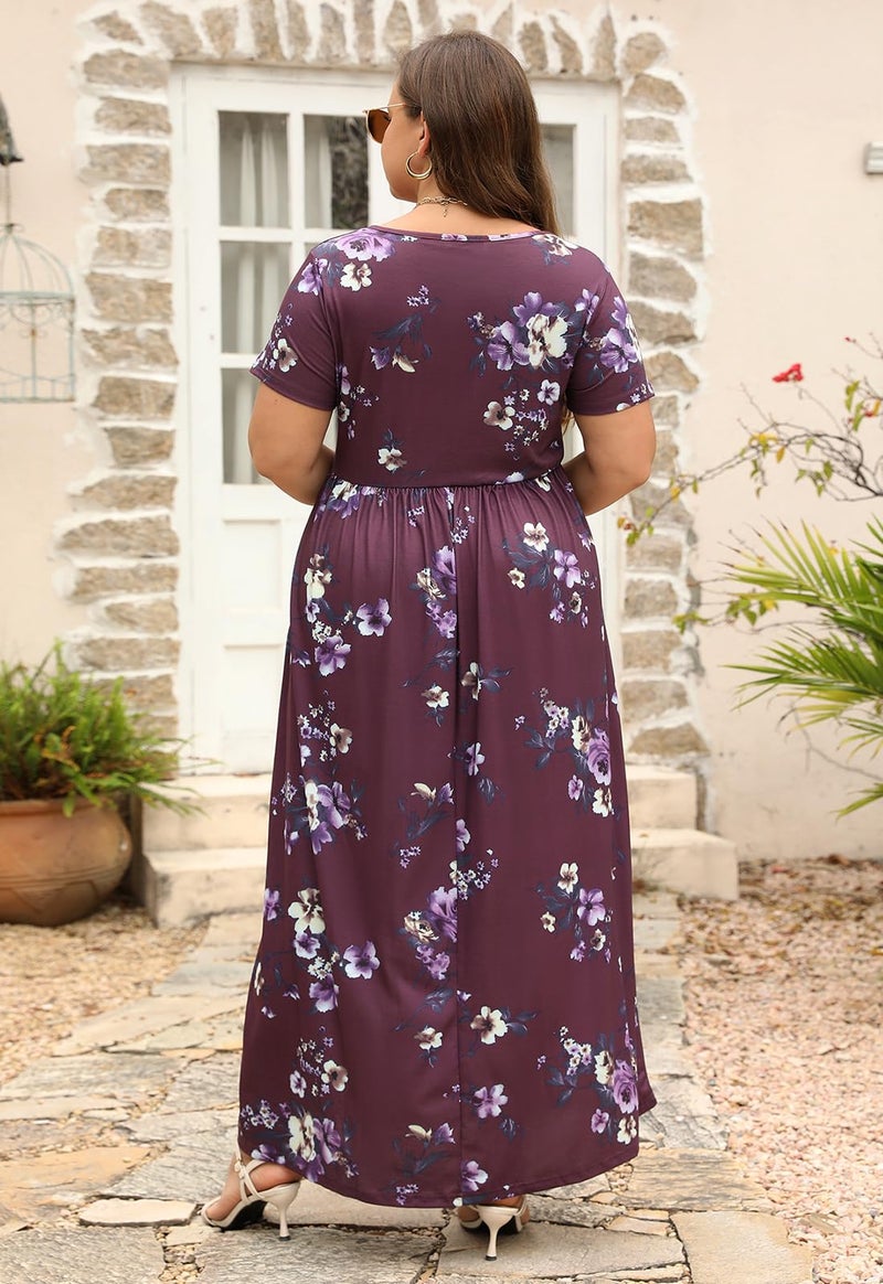 Nemidor Plus Size Maxi Dresses for Curvy Women Summer Casual Loose Short Sleeve Long Beach Dress with Pocket(149,18,Red Bean+Print) - Image 2